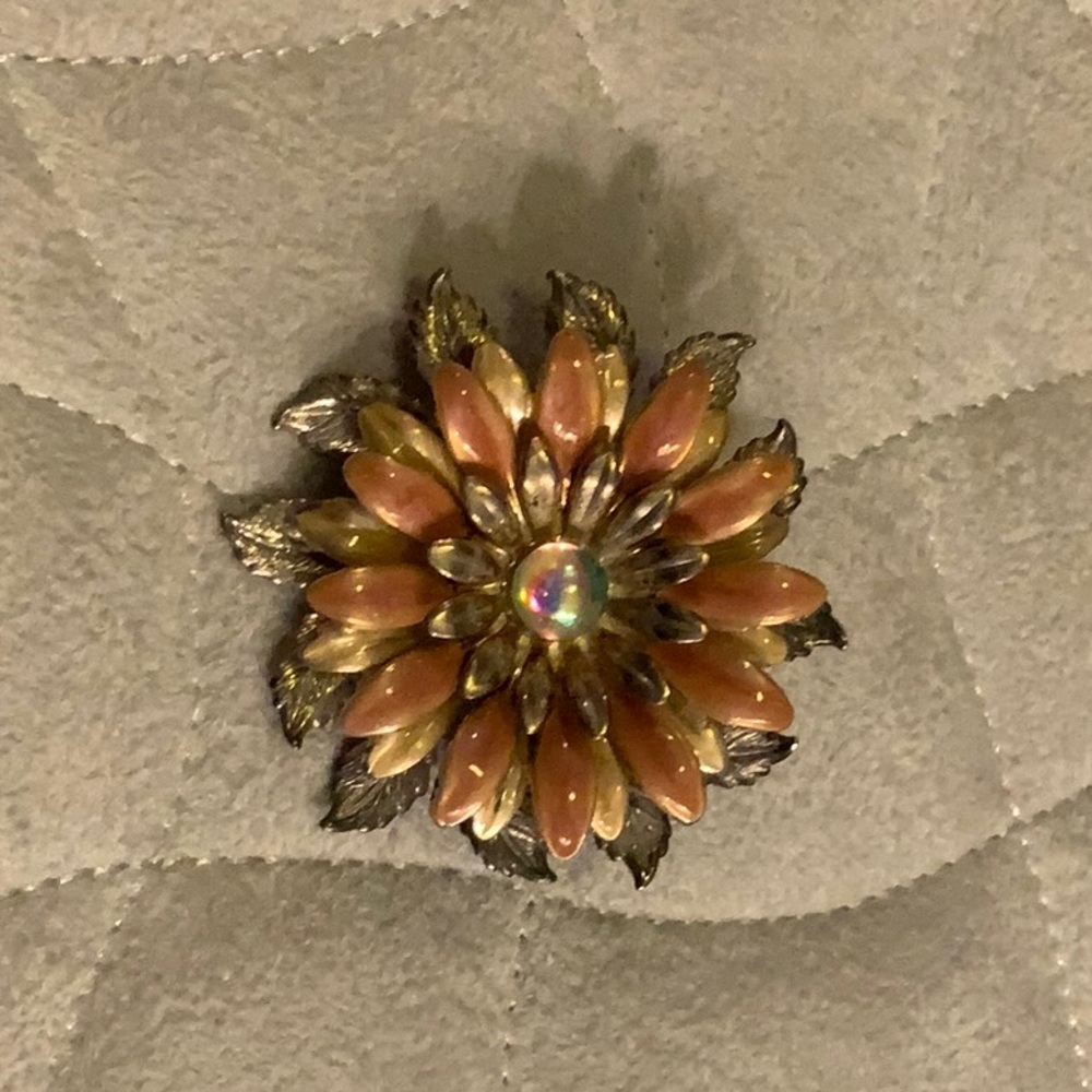 Gold-Tone Peach Floral Brooch with Aurora Crystal Center